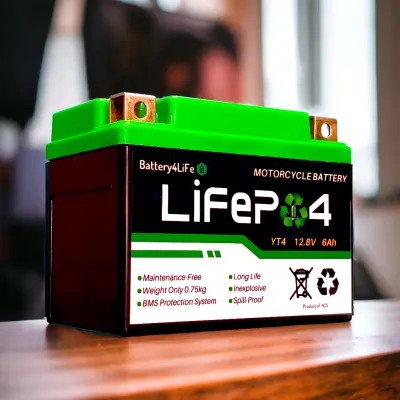 Battery4LiFe Motorcycle Battery LiFePO4 12.8v 6000mAh Up to 175cc Engine Starter BMS Build-in Active Balancer YT4 4S-1P