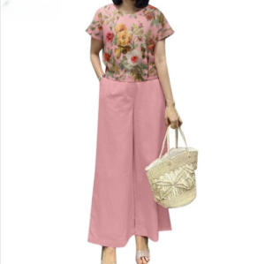 FunnyeS Womens Elegant Floral Print Short Sleeve Top & High Waist Wide Leg Pants 2-Piece Set 2987