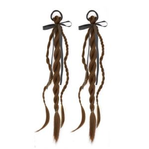 NO4 PANDA 2Pcs Ballet Style Black Bowknot Ponytail Boxing Braided Double Ponytail Pony Tail Hairpiece Hair Accessories Gentle Twist Braid Wig for Women