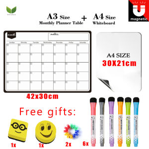 Eversalute 1 Gói Lịch Lập Kế Hoạch Hàng Tháng Nam Châm Kích Thước A3 + 1 Gói Bảng Trắng Xóa Khô Kích Thước A4 Bảng Ghi Chú Văn Phòng Gia Đình Bảng Nhãn Dán Tủ Lạnh Nam Châm Vẽ Tin Nhắn Bao Gồm 2 XErasers Và 6 XMarkers 2XMagnetic Tacks