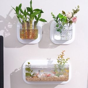 ZM10Q ใสสะอาด แจกันพลาสติกติดผนัง Punch Free สร้างสรรค์และสร้างสรรค์ ตู้ปลาแขวนผนัง ถังประดับขนาดเล็ก มัลติฟังก์ชั่นการใช้งาน กระถางดอกไม้ไฮโดรโปนิกส์ ออฟฟิศสำหรับทำงาน