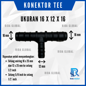 Tee Konektor ukuran 16x12x16mm untuk menyambungkan Selang Aerasi 12/25 dan pe 12mm