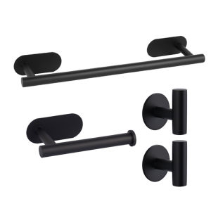 JUNMO 304 Stainless Steel Wall Mounted Bathroom Organizer Set No Drill Towel Bar Toilet Paper Holder Hooks