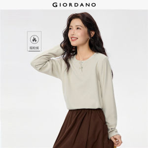 GIORDANO Women T-Shirts Polar Fleece Soft Warm Tee Henley Neck Long Sleeve Solid Color Simple Fashion Casual Tshirts 05325815