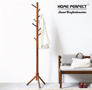 HOME PERFECT Easy Assemble Hanging Pole Wooden Standing Clothes Hanger Coat Rack Cloth & Hat Rack CH-882