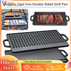 Cast Iron Double Handle Griddle Pan with Non-Stick Coating for Easy Cooking of Breakfast Steaks and Grilled Bread