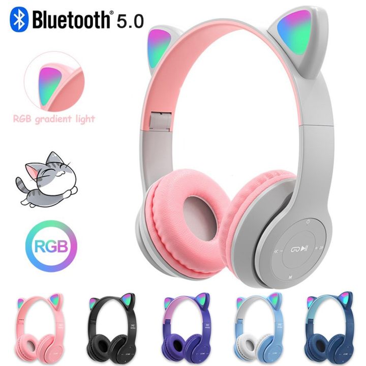 P47M Cat Ear Headphones Macarons Color with RGB LED Light HiFi Wireless