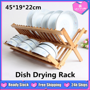 Yo-Fun Dish Rack Natural Bamboo Double Layer Foldable Drain Rack for Kitchen Drying Flatware Plates Bowls Kitchen Supplies Sink Shelf Storage Rack