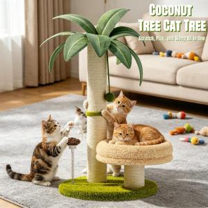 Coconut Tree Cat Scratching Post & Play Tower 2-in-1 Sisal Cat Activity Tree with Hanging Balls Space-Saving