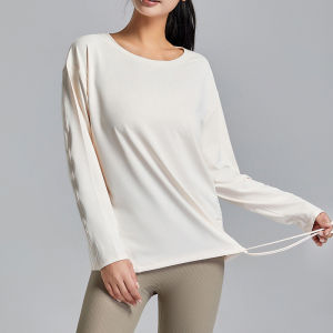 FitYoga Drawstring Quick Dry Yoga Clothing Women Breathable Long Sleeve Slim Running Fitness Clothing Loose Sports Tops Pilates