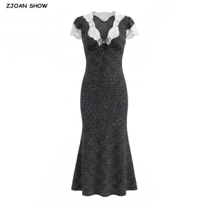 Women Retro French Style Black White Dot Print Spliced Lace V Neck Short Sleeve Dress Summer Viscose Cotton Long Dresses Vestido2026