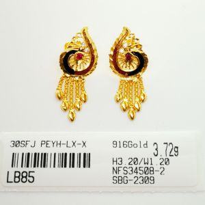 Subang Gantung Peacock Skru Design Indian 3.72G Emas 916 Yon Hing