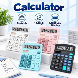QKG24 12-Digit Dual Power Calculator Large LCD Display Solar Battery Dual Power Office Calculator Cute Big Button Calculator Office Use