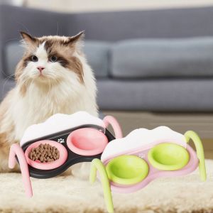 YAZHE Ceramic Cat Double Bowl Anti-Tip High Foot Design Pet Elevated Raised Bowls Pet Supplies Neck Protection Cat Food Pot for Small Dogs