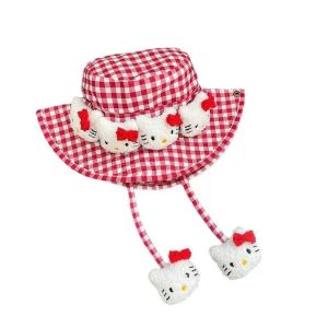FIRST Doll Hellokitty Fisherman Hat Korean Style Plaid Girls Bucket Cap Cute Big Brim Y2K Sunshade Hat Girls
