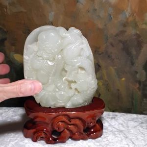 Rare premium large size Nephrite warm white Mahakasyapa (Ji Gong) & dragon Jade carvings (with certificate) 和田玉暖白降龙罗汉(济公)摆件带证书