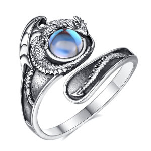 Eudora 925 Sterling Silver Dragon Adjustable Ring Moonstone Hypoallergenic Ring Vintage Jewelry Spiritual Gift for Men Women