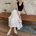 【SALE】 Lovito Casual Plain Ruffle Hem A-Line Midi Skirts for Women LNA10128 (White). 