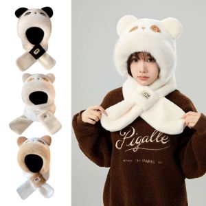 JUTBONG Cartoon Panda Winter Warm Hat Windproof Plush Integrated Hat Scarf Set Fashion Neck Warmer Ear Protection Hat for Women Girls