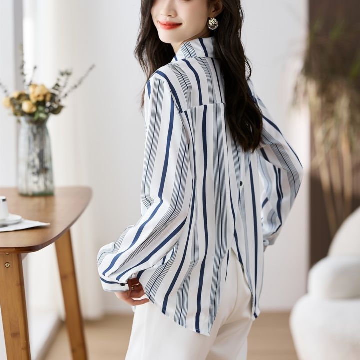 High Quality Fabric Split Back Design Blue Striped Fashion Korean