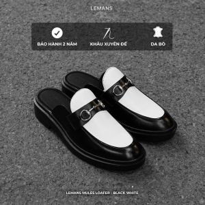 Giày Sục da bò Mules Loafer nam LEMANS - Black White.2 đế cao su thơm cao 4cm BH 24 Tháng