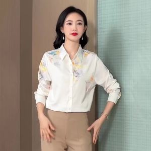 Ammin Áo sơ mi in graffiti thời trang ve áo đơn giản mới mùa xuân và mùa thu 2025 cho kiểu Pháp cho nữ áo blouse thanh lịch Tay áo dài in hoa đơn hàng cúc tinh tế