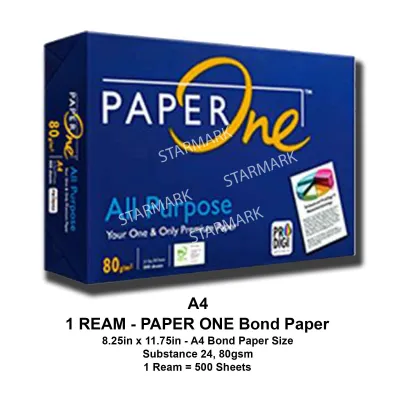Paper One Bond Paper - 1 Ream A4 Bond Paper Size - 8.25x11.75 inches - Substance 24 80gsm - Original - 500 Sheets