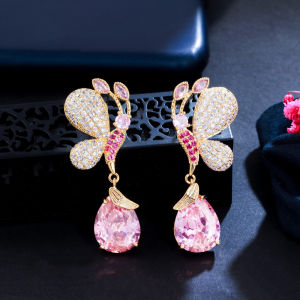 SEQUITO Korean Style Lovely Pink Water Drop Cubic Zirconia Setting Gold Plated Butterfly Long Dangle Earrings with 925 Silver Ear Pins Girly Dating Jewelry for Women Girl SE495