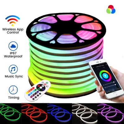 เทปริบบิ้นยืดหยุ่นไฟแถบนีออน LED Seville 220V RGB ปลั๊ก EU รีโมท/แอพพ์บลูทูธ RGB ไฟเส้นนีออน LED เทปแถบไฟกลางแจ้งกันน้ำ
