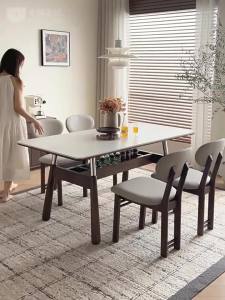 Slab stone dining table and chairs Bauhaus style rectangular vintage style solid wood stainless steel legs storage dining table.