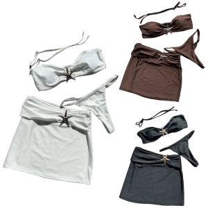 3PCS Women Split Swimsuit Halterneck Swimwearswith Beach Wrap Skirt Swimming Costume Quick Drying Backless Bathing Suit