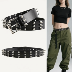 WININ Retro Rivet Belt Goth Style Black Punk Belt Fashion PU Leather Studded Belt for Men and Women