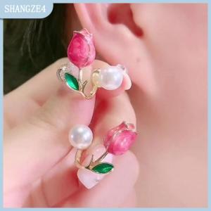 【SHANGZE4】 Hàn Quốc Ánh Sáng Sang Trọng Tulip Giả Ngọc Trai Stud Bông Tai Cho Phụ Nữ Hai Cách Để Mặc Đinh Tai Cho Cô Gái Hàng Ngày Đảng Đồ Trang Sức