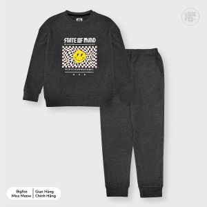 Bộ nỉ cotton bé trai size đại BIGFOX - MISS MEOW bộ nỉ da cá mùa đông cho bé phối màu hình in mặt cười size trẻ em 12131415 tuổi