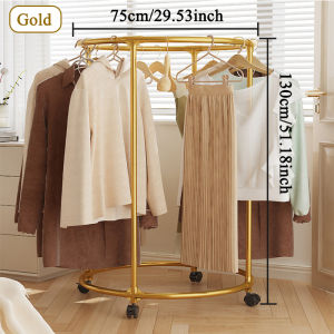 Rotating Clothes Rack With Wheels Clothes Rack Stand Heavy Duty Movable Metal Clothing Organizer 360° Rotating Circular Clothes Hanger Multi-Purpose Floor Drying Shelf Thickened Save Space For Bathroom Balcony Bedroom Indoor
