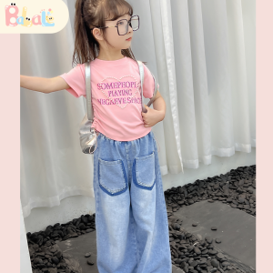 2 buah Setelan Jeans Anak Perempuan Terbaru Gaya Korea Kaos Lucu Manis + Jeans Panjang Pakaian Anak Perempuan Usia 3-8 Tahun Setelan Anak