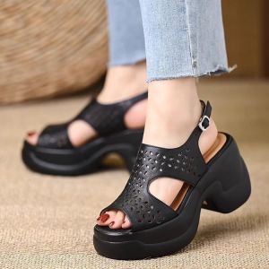 [Free Shipping] Soft Leather Chunky Heel Platform Sandals For Women 2026 Summer Collection Open-Toe High-Heeled Sandals With A Slight Wedge Heel Suitable For Petite Women