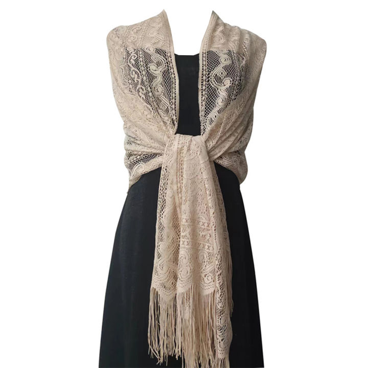 Solid Party Evening Shawl Elegant Scarf Lace Sheer Hollow Tassel Mesh
