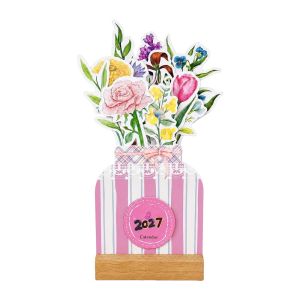 WLVYH Wooden Base 2027 Desk Calendar Paper Floral Artwork Wooden Table Calendar Monthly Home Office Calendar Home Office Decorative