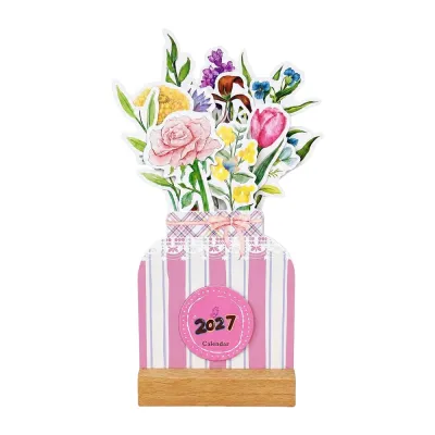 ELOWENWEN Wooden Base 2027 Desk Calendar Monthly Floral Artwork Wooden Table Calendar Gifts Paper Wooden Stand Calendar Home Office Decorative