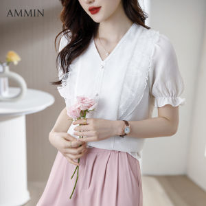 AMMIN เสื้อชีฟองลูกไม้คอวีแขนสั้นสำหรับผู้หญิงแขนพองหวานขอบแต่งระบายอัดเสื้อหรูหราสวยงามฤดูร้อน