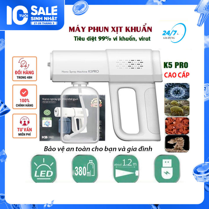 Máy phun khử khuẩn nano, Sung phun sương diệt khuẩn K5 Pro, súng xịt khuẩn cầm tay, thiết bị phun khử trùng gia đình tích hợp đèn xịt diệt khuẩn bằng tia UV diệt 99,9% vi khuẩn, công suất mạnh mẽ - Giadungbv247