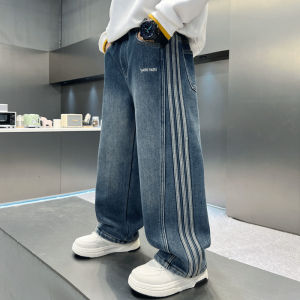 Korean Style Streetwear Kids Boys Casual Straight Loose Fit Elastic Waist Denim Jeans Pants Trousers With Real Pockets Graphic Print