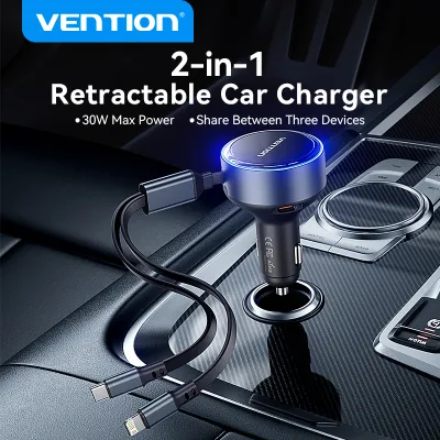 Vention Car Charger 60W Fast Charging Built in Type C Lightning Cable 3 Port for SAMSUNG S24 Ultra S23 S22 iPhone 15 14 13 Pro Max Huawei Xiaomi MacBook 12V 24V PD 30W 27W USB Car Charger Socket Outlet