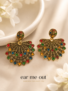 [SG] Vintage Peacock Fan Earrings | Multi-Colour Statement Earrings | Bohemian Gold Drop Earrings | Festival Earrings | ear me out (EMO-57)