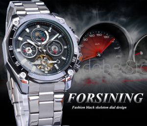 Forsining Automatic Watch Mens Fashion Luxury Classic Black Mens Mechanical Watch Tourbillon Skeleton Automatic Winding Date Moon Phase Steel Band Watch