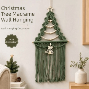 PHANT Woven Christmas Tree Macrame Tapestry Wood Beads Aesthetic Wall Hanging Pendant Bohemian Style Art Xmas Wall Decor Christmas Decor