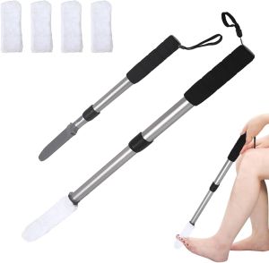 EASACE Updated Toe Cleaning Brush Lotion Applicator with Long Handle 18.5-29in Plastic White 4 Reusable Drying Covers for Seniors Elderly Disabled Men and Women