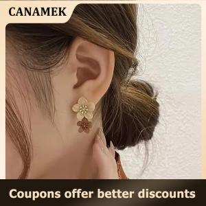 【 CANAMEK 】 Brown Two Color Flower Drop Dangle Earrings For Women Korean Fashion Jewelry Wedding Party Girl Elegant Jewelry Accessories