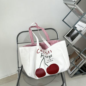 Reversible Design Women Canvas Shoulder Bag Cotton Cloth Purse Handbag Cherry Red Stripes Large Tote Female Eco Shopping Bags2026